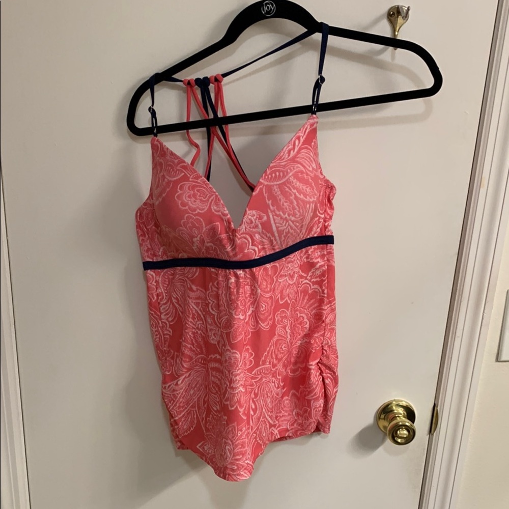 Pink and Blue swim top with a Plunging Neckline in size L